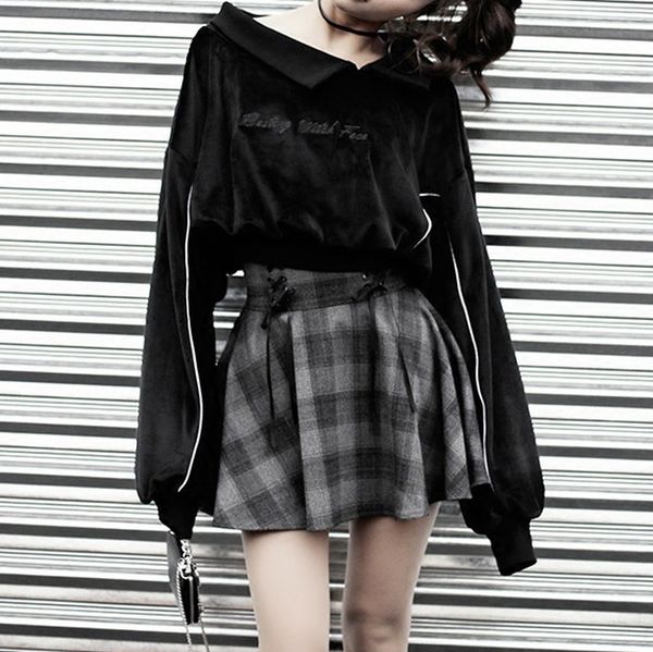 

girls fashion lapel collar stripe decorated long sleeve black sweatshirt, White