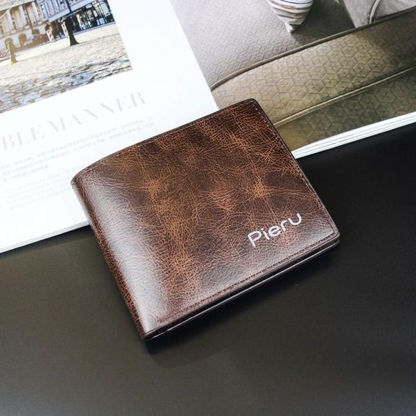 

wallets vintage style short wallet for men pu leather wax oil skin solid slim three fold holders coin purs, Red;black