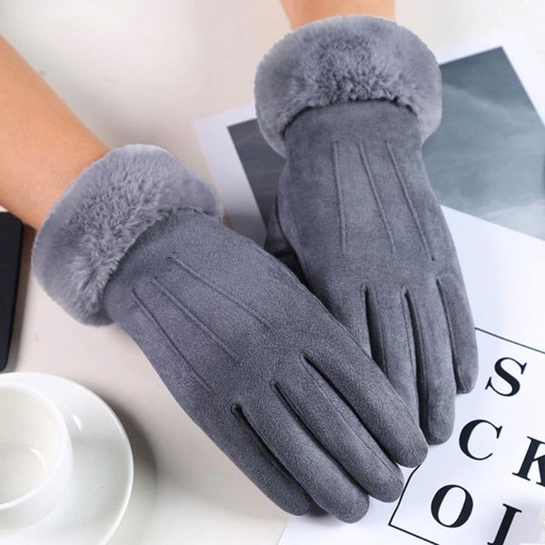 

five fingers gloves women full finger faux fur thicken winter warm touch screen mitten female cashmere hand warmer outdoor sport glove, Blue;gray