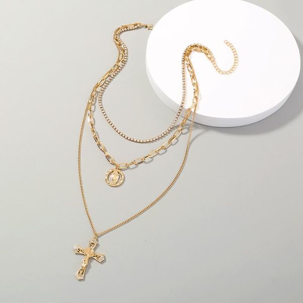 

chains retro luxurious clavicle chain zircon necklace for women cross multilayer female chokers round portrait pendant, Silver