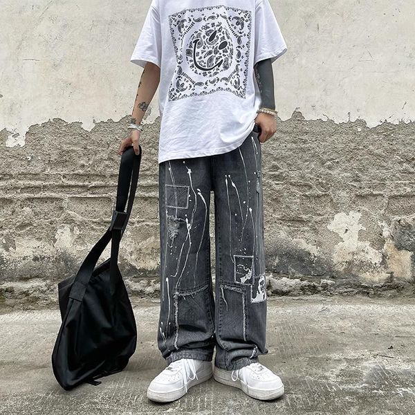 

men's jeans the instagram go-around print ripped straight leg pants and are trendy for both men women, Blue