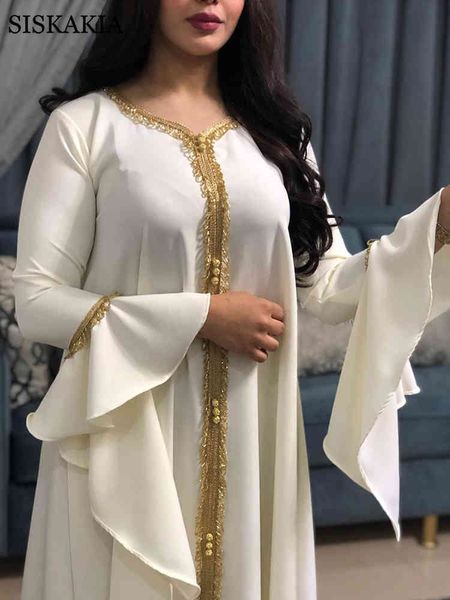 Siskakia jalabiya kaftan vestido para mulheres dubai peru fita dourada bordado solto muçulmano árabe árabe roupas islâmicas brancas 210322