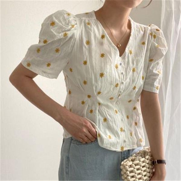 

alien kitty daisy elegance sweet chic 2021 summer short sleeves v-neck blouses all match girls women shirts women's &, White