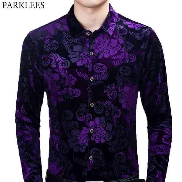 

stylish purple floral dress shirt men brand slim fit velvet velour shirts mens casual long sleeve button down chemise 210522, White;black