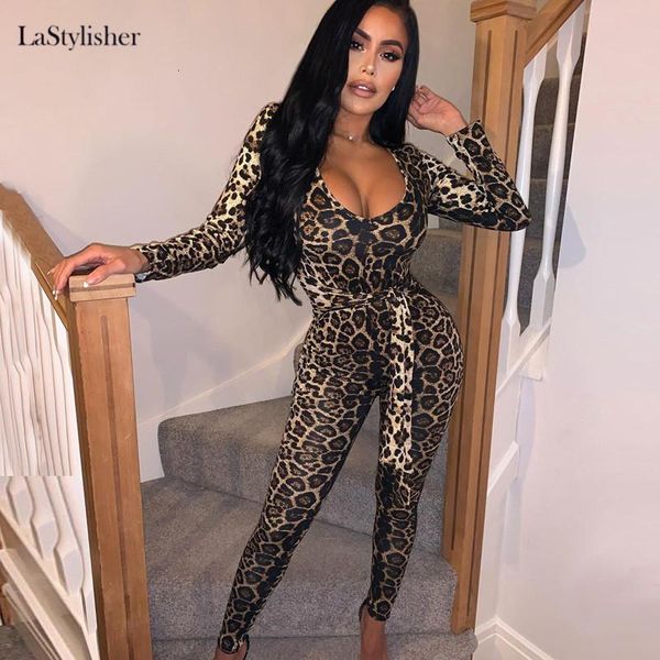 

women's jumpsuits & rompers lastylisher leopard print women bodycon jumpsuit v neck long sleeve bandage slim playsuits female club outf, Black;white