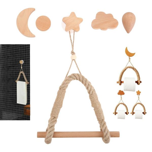 

toilet paper holders 1set holder natural rope wood hanger handmade towel rack storage star/moon/cloud/drop/wafer shape bohemian type