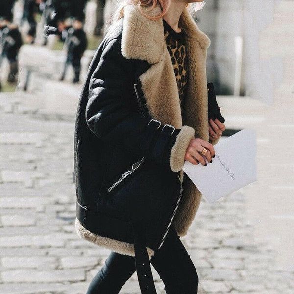 

women's jackets winter women coat warm deerskin cashmere zipper turn down jacket fashion female long sleeve streewear, Black;brown