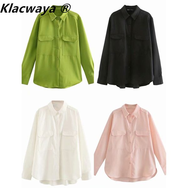 

women's shirt spring and summer style lapel long-sleeved loose single-breasted blouse with pocket drape shirts 210521, White