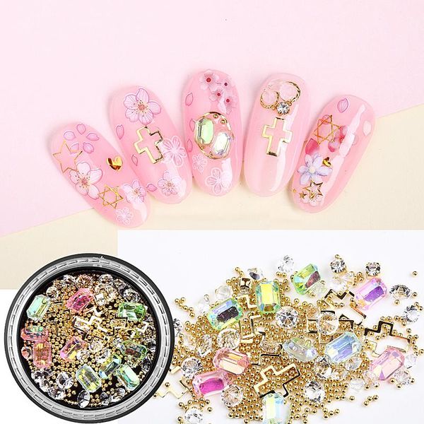 

nail art decorations 1jar 3d colorful rhinestones mixed gems jewelry ab shiny metal frame steel ball charm glass accessories &*&, Silver;gold