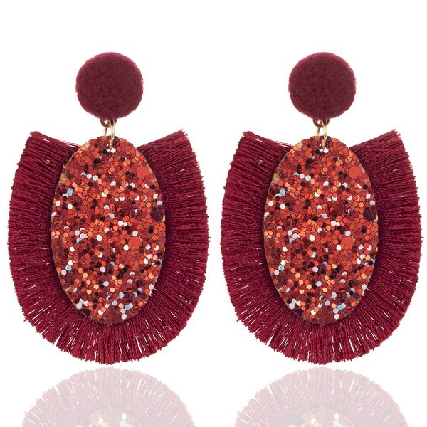 

bohemian big oval dangle red green glitter tassel earrings for women geometric fringe pendient hanging earings jewelry, Silver