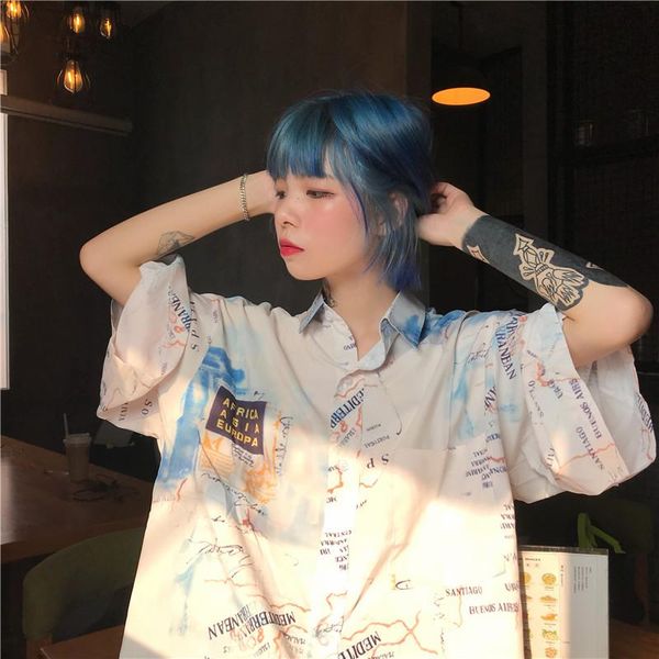 

women's blouses & shirts summer loose korean clothes preppy style clothing streetwear ladies ulzzang oversize print hipster, White