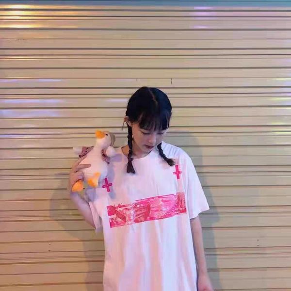 

chrome/hearts tees crosin cav@empt c. e fluorescent pink cross fashion brand couple short sleeve t-shirt for men and wom, White