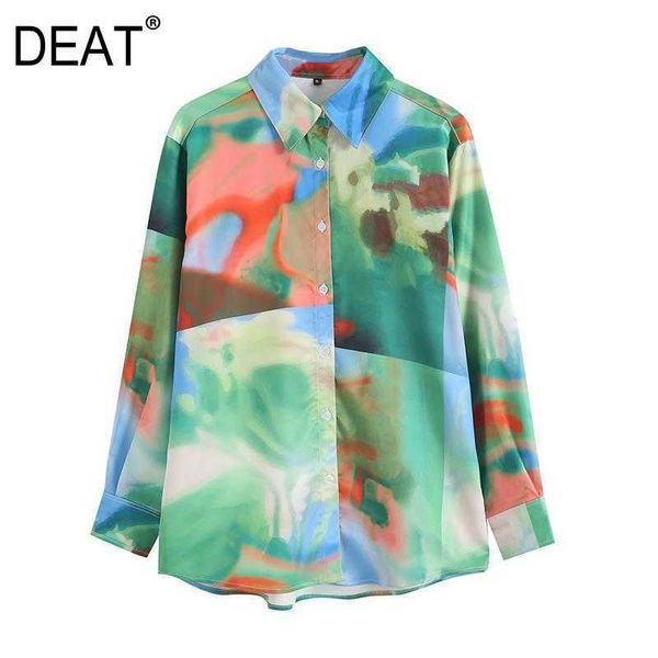 

[deat] women shirt turn-down collar tie dye printing single-breasted long sleeve loose spring fashion 13c087 210527, White
