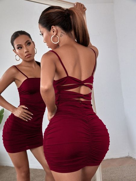 

cut out back ruched bodycon dress 92o6#, Black;gray