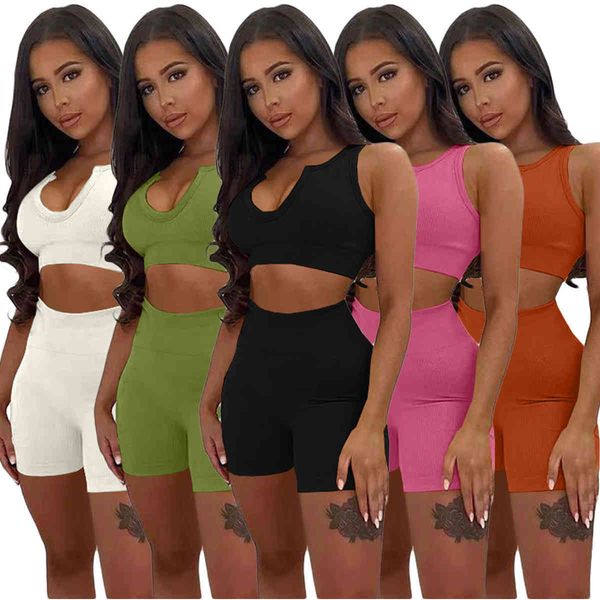 

women tracksuits designer solid color deep v neck summer fashion sports outfits slim thickened thread sleeveless shorts two piece sets, Gray