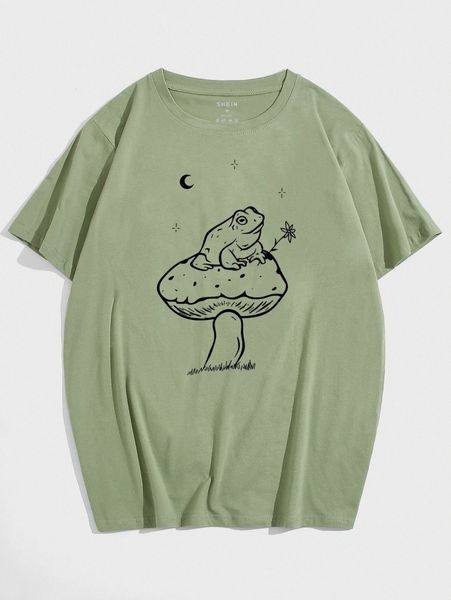

men frog & mushroom print tee 40al#, White;black