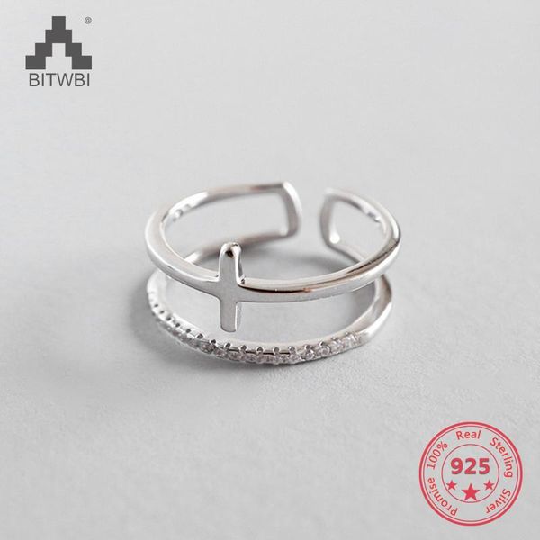 

cluster rings 100% 925 sterling silver cross ring wedding simple fashion cubic zircon adjustable size for women jewelry, Golden;silver