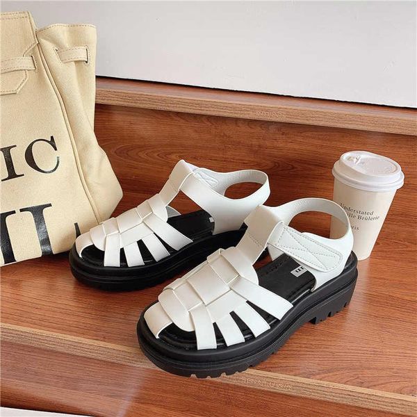 

sandals rome women's closed toe flat shoes round leather holiday beach woman comfort thick sole sandalias mujer, Black