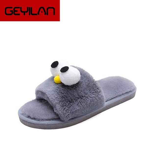 

slippers women home faux fur cartoon open toe flat winter warm female indoor comfort shoes ladies bedroom footwear, Black