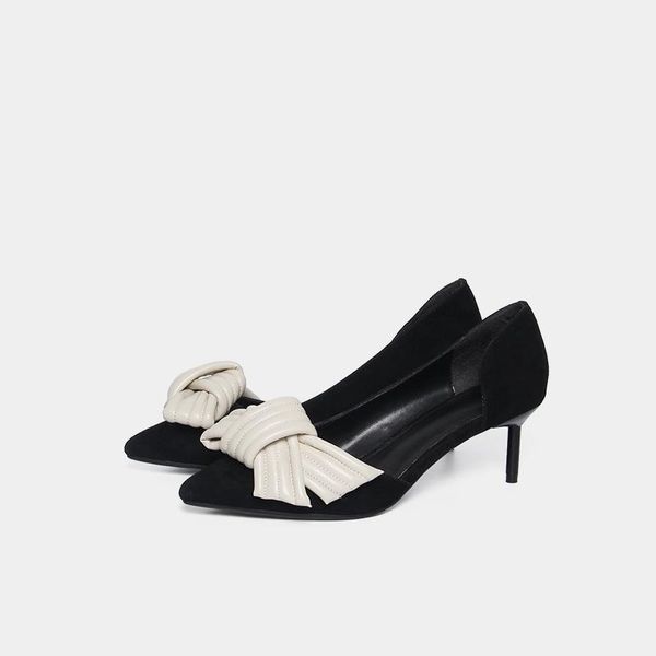 

dress shoes luxurious women spring autumn high pumps ladies genuine leather bowknot pointed toe pump elegant female party 6cm thin heel shoe, Black