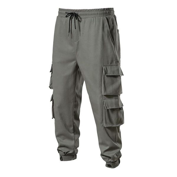 

men's pants fashion solid drawstring pocket straight leg overalls cargo trousers plus size sweatpants males 2021, Black
