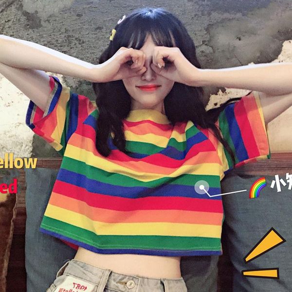 

women's t-shirt summer rainbow striped women short t-shirts 2021 fashion classic short-sleeve ladies tee female oversize, White