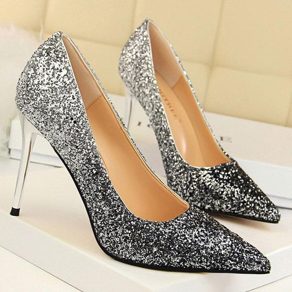 

dress shoes woman pumps sequins wedding women heels color gradient high stiletto shoe female heel 2021, Black