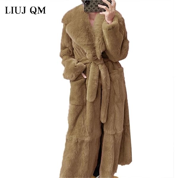 

plus size coat winter women thick warm x-long faux fur jacket female fluffy rabbit fur coat plus size loose parkas 211122, Black