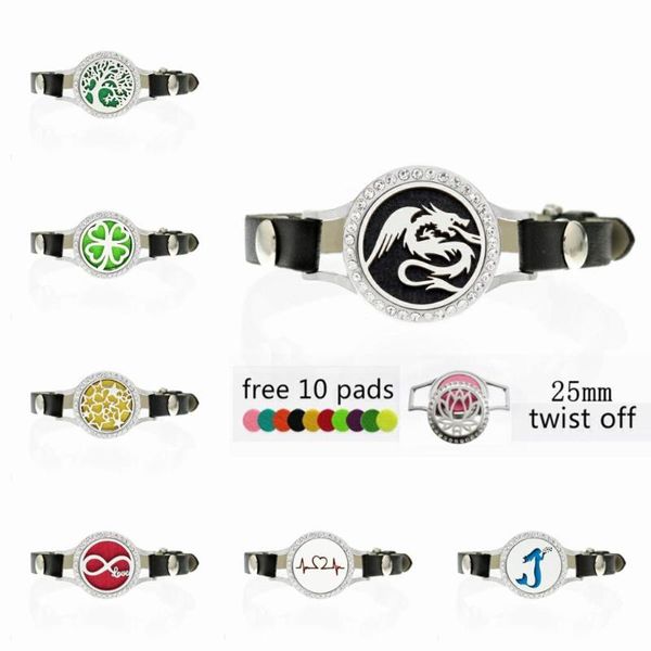 

charm bracelets tree of life dragon mermaid essential oil locket perfume bracelet pu leather twist screw 25mm women, Golden;silver