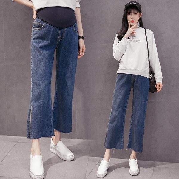 

maternity bottoms pregnant women wide-legged jeans autumn's belly trousers ankle-length high waist straight denim pants pregnancy, White