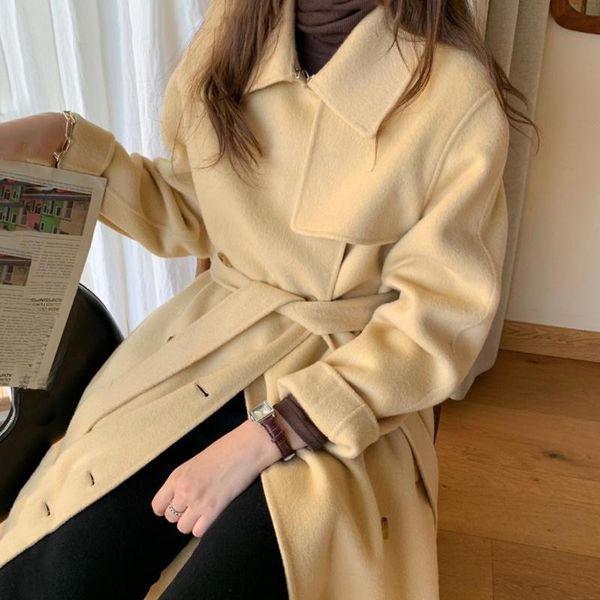 

women's wool & blends [ewq] korean chic temperament lapel double breasted lace up waist over knee long double-sided woolen coat women 2, Black