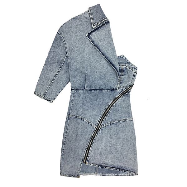 

dress chic ss european vintage high street women denim mini dresses designer one sleeve jeans wear, Black;gray