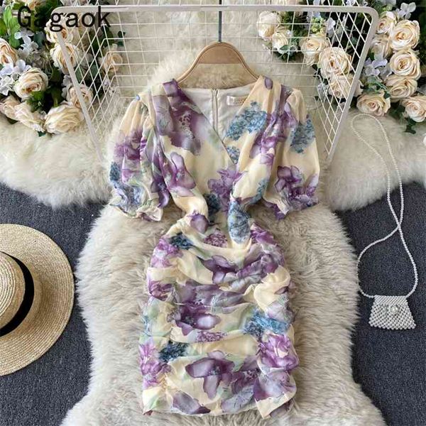 

bodycon dress women summer v-neck puff sleeve ruffles sheath sweet mini dresses fashion korean wild vestidos 210531, Black;gray