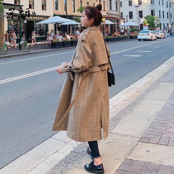 

women's trench coats fashion long coat women casual plaid double breasted outwear sashes office chic epaulet design windbreaker jacket, Tan;black