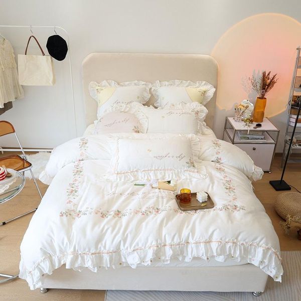 

bedding sets 100% egyptian cotton flowers embroidery princess set ruffles duvet cover quilt bed comforter fitted sheet