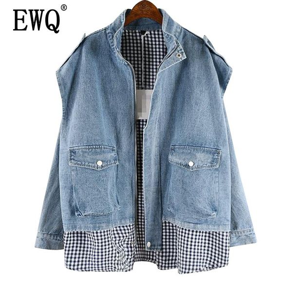 

women's jackets [ewq] 2021 autumn winter stand collar long sleeve fake two piece denim patchwork zipper vintage coat women jacket femal, Black;brown