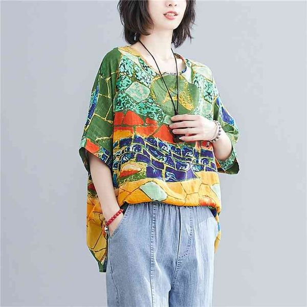 

arrival summer arts style women batwing sleeve loose t-shirt vintage print o-neck cotton linen tee shirt femme big m136 210512, White
