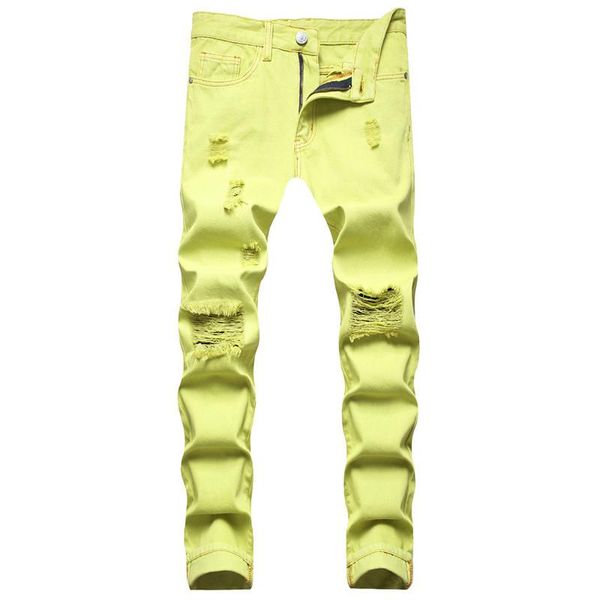 

men's jeans 2021 loose yellow denim pants straight ripped casual, Blue