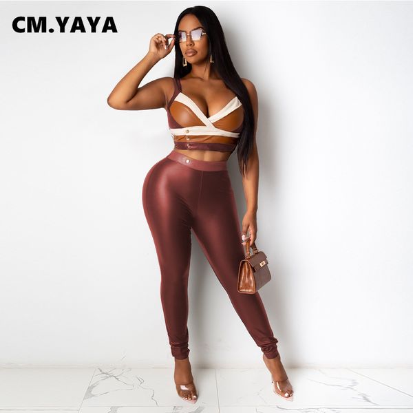 

activewear faux leather womens set pu patchwork crop legging pants set trasuit fitness two piece set outfitby air, White