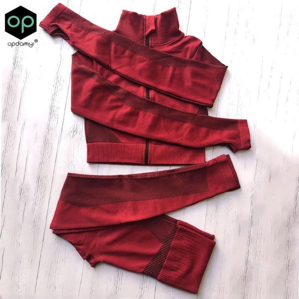 

yoga outfits 2021 women's seamless wear zipper set fall/winter collar hip-lifting elastic leggings fitness sports tracksuits1, White;red