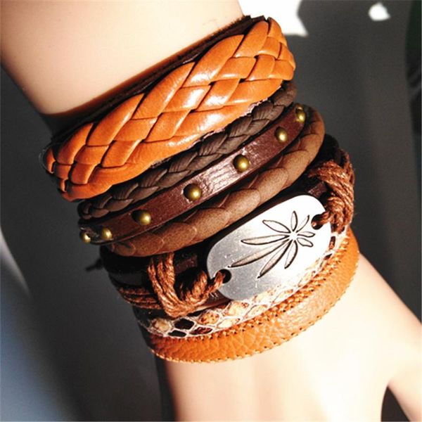 

charm bracelets khaki leaf rivet handmade wrap woven black fashion male infinity jewelry guitar feather leather men women, Golden;silver