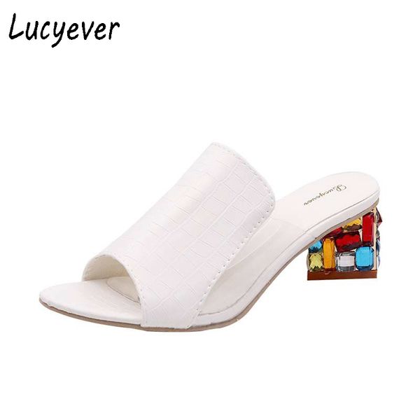 

2021 woman news lucyever fashion rhinestone thick heels slipper women peep toe high heel sandals leisure party flip flops sweet shoes, Black