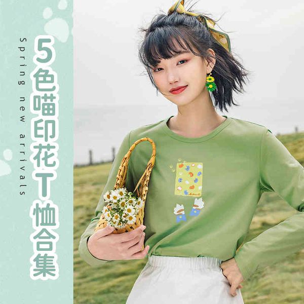 

t shirts spring arrival women's long sleeve t-shirt round neck cartoon printed candy color 99n1, White