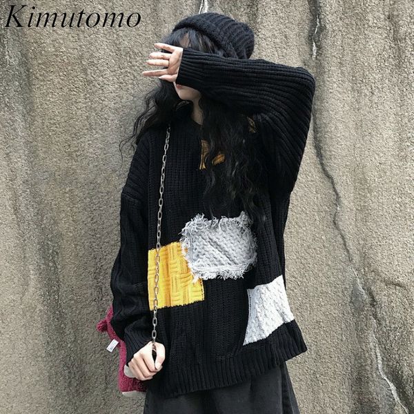 

kimutomo knitted sweater women autumn korean ins fashion retro patchwork contrast color panelled loose pullovers casual 210521, White;black