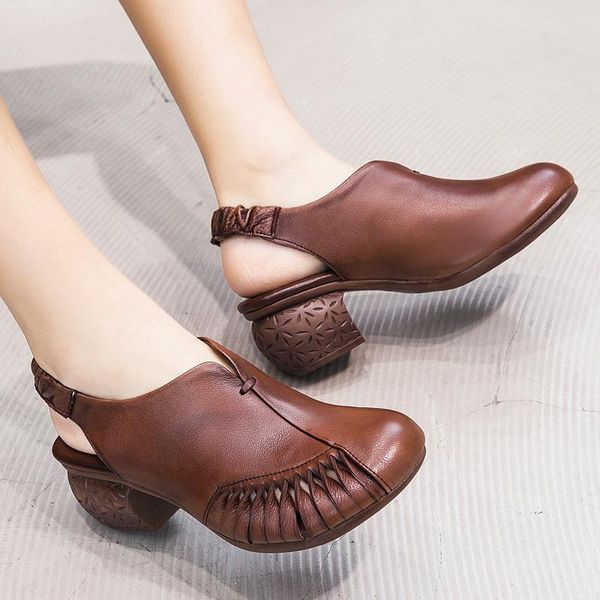 

women's sandals 2021 spring summer genuine leather retro women thick heel casual shoes handmade roman, Black