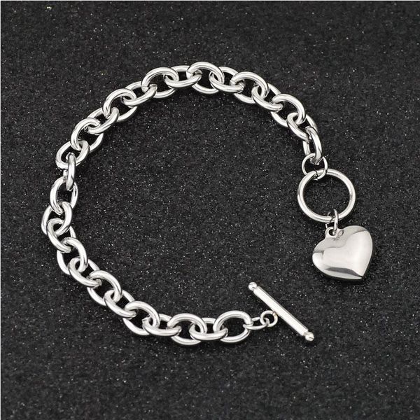 

charm bracelets durable stainless steel chain for women 3d polished love heart bracelet girls lucky hand jewelry wristband, Golden;silver