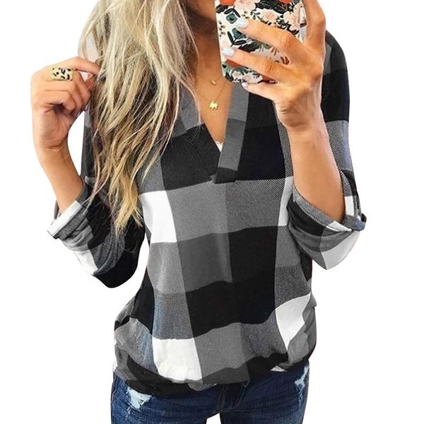 

women vintage plaid print cotton lapel shirt loose single-breasted long sleeve elegant blouse shirt, White