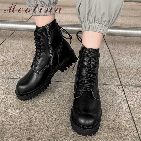 

meotina ankle boots women shoes platform mid heel short boots lace up zipper thick heels lady boots autumn winter black size 43 210608