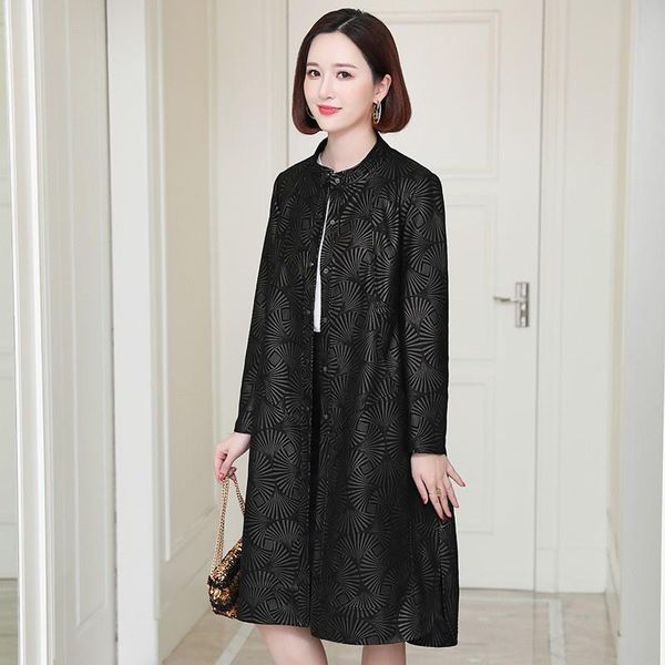 

women's leather & faux winter autumn women floral printed sheepskin genuine long jacket vintage stand collar office ladies slim fit tre, Black