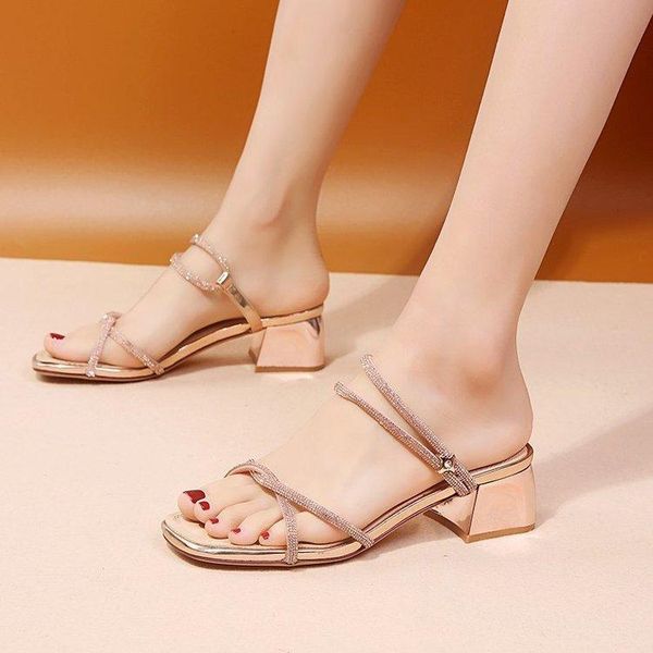 

sandals two weare female sandal slip-on loafers summer women's block heels clear shoes bling med girls elastic band beige 2021 chu, Black